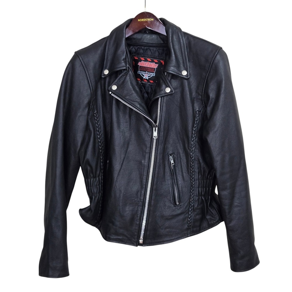 Interstate Leather Motorcycle Jacket Wom Large Black Braided Biker Liner Studs
